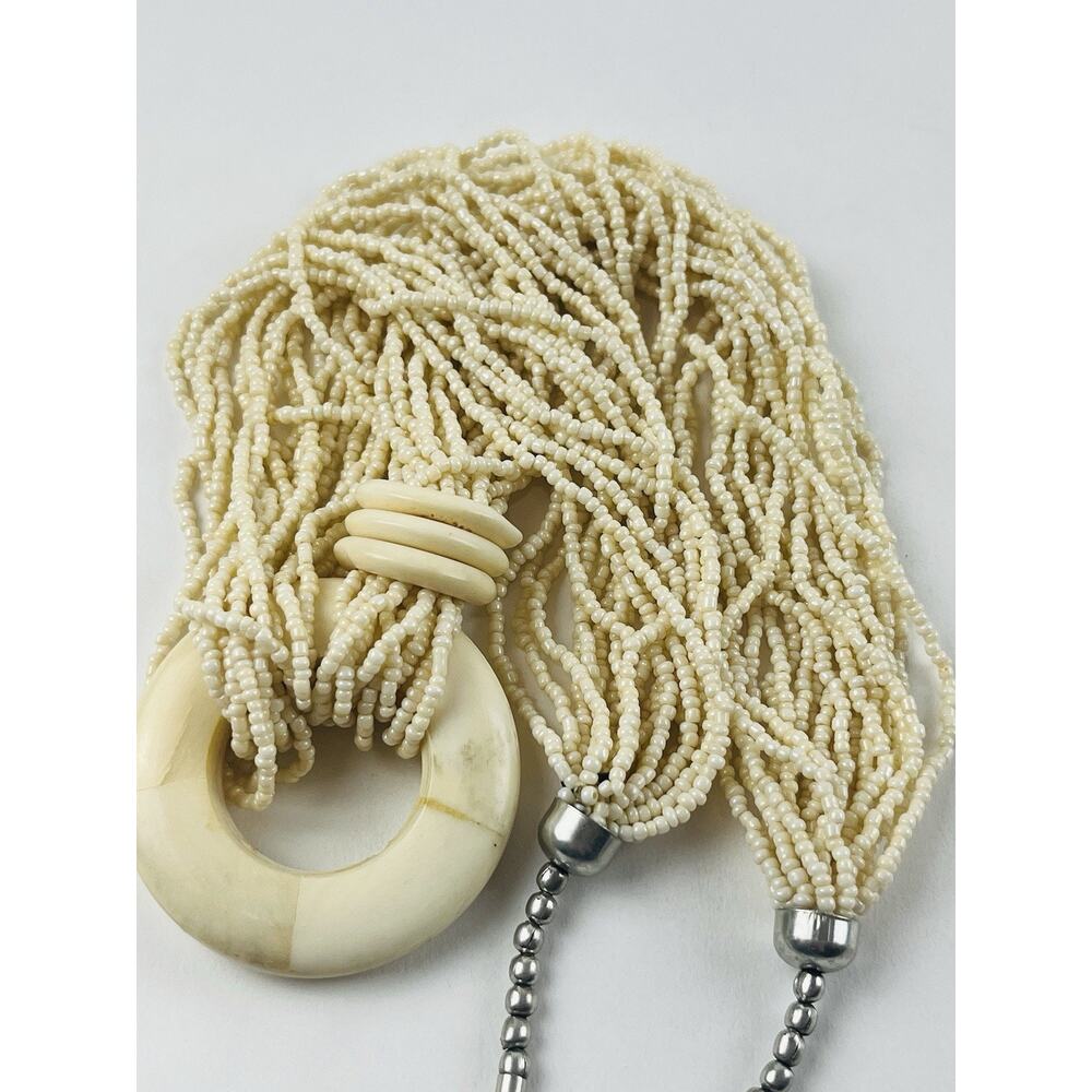 Vintage Beaded Necklace With Bone/Natural Stone Pendent 21 Strand Multi White Ec